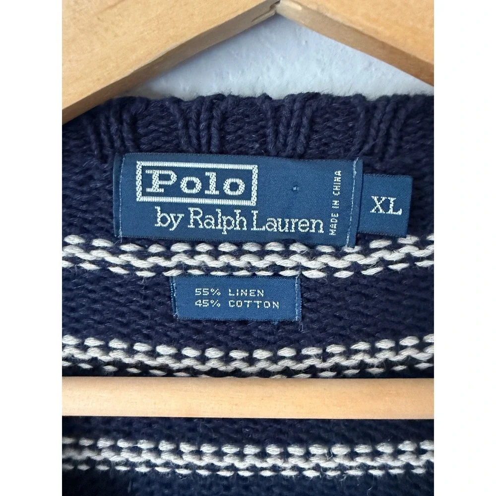 Vintage Polo Ralph Lauren Sweater Men XL Navy Stripe Linen Cotton Old Money 90s